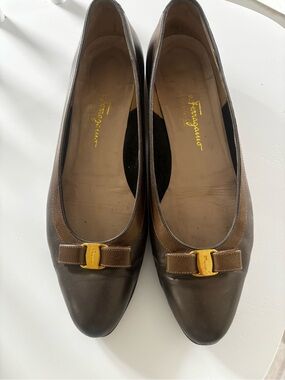Salvatore Ferragamo Brown Leather Bow Flats with Gold Buckle